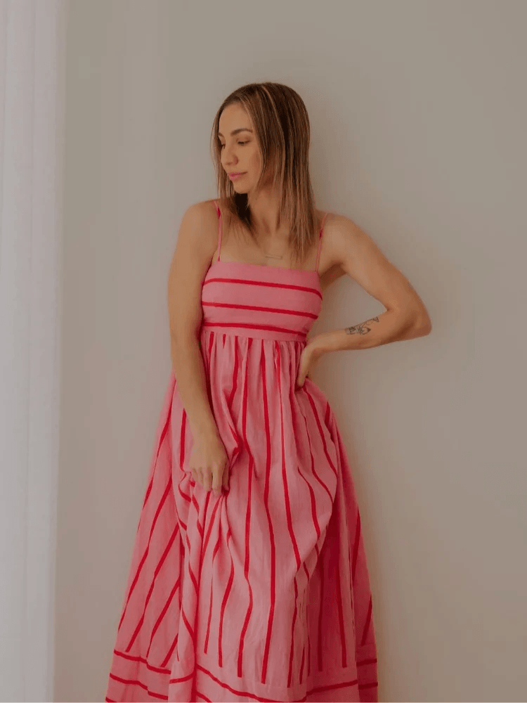 Striped Spaghetti Strap Long Dress Women Sling Backless Pleated Large Swing Dress 2024 Spring Summer Casual Loose Ladies Robes-THAT FASHION STORE