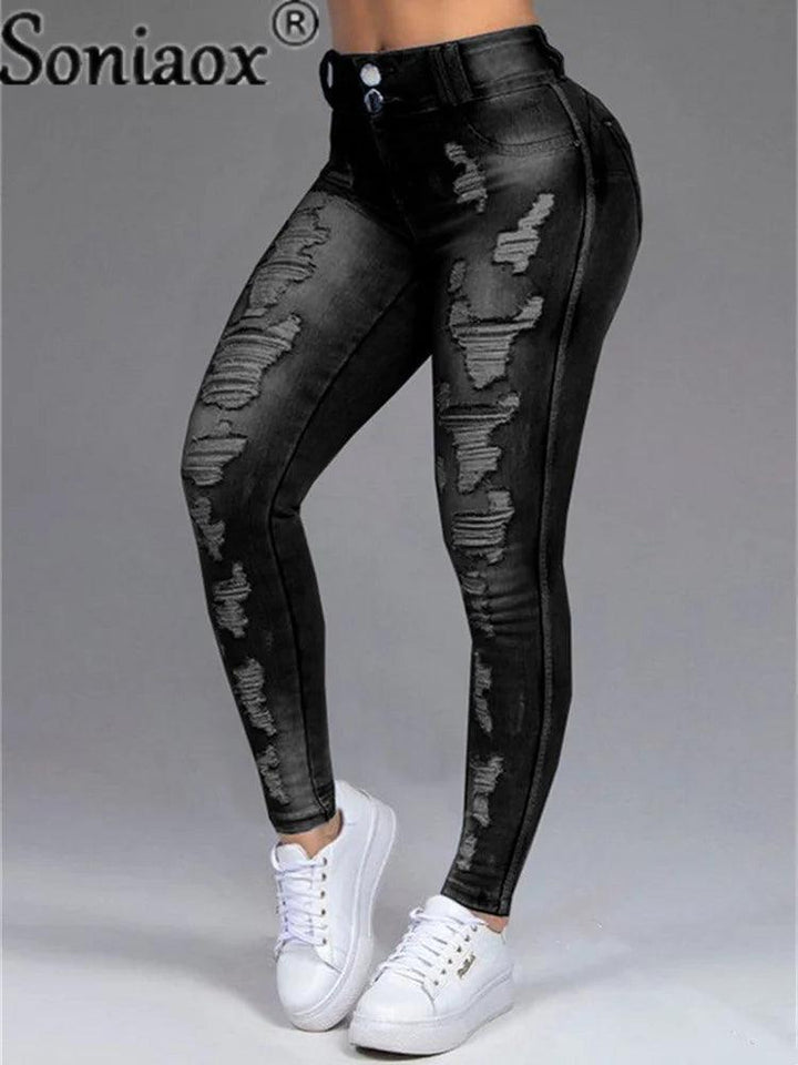 Women Pants High Stretch Jeans High Waist Skinny Ripped Vintage Hole Slim Large Full Length Distressed Trousers 2021-THAT FASHION STORE