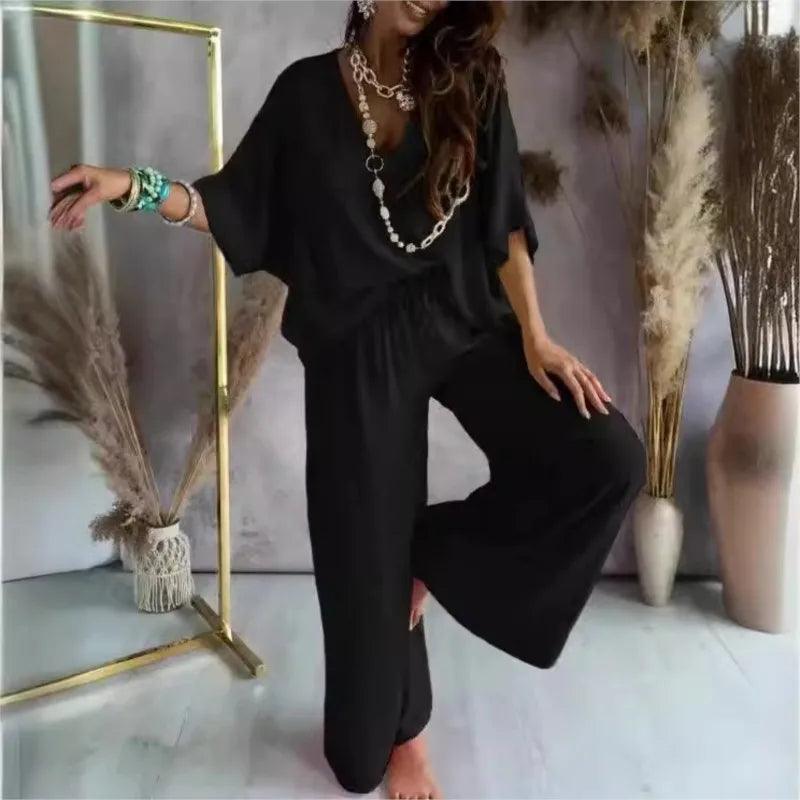 2024 Summer Pant Sets two piece sets For Women V neck Bat Sleeve Casual Loose Wide-leg Pants 2 piece set solid homewear Outfits-THAT FASHION STORE