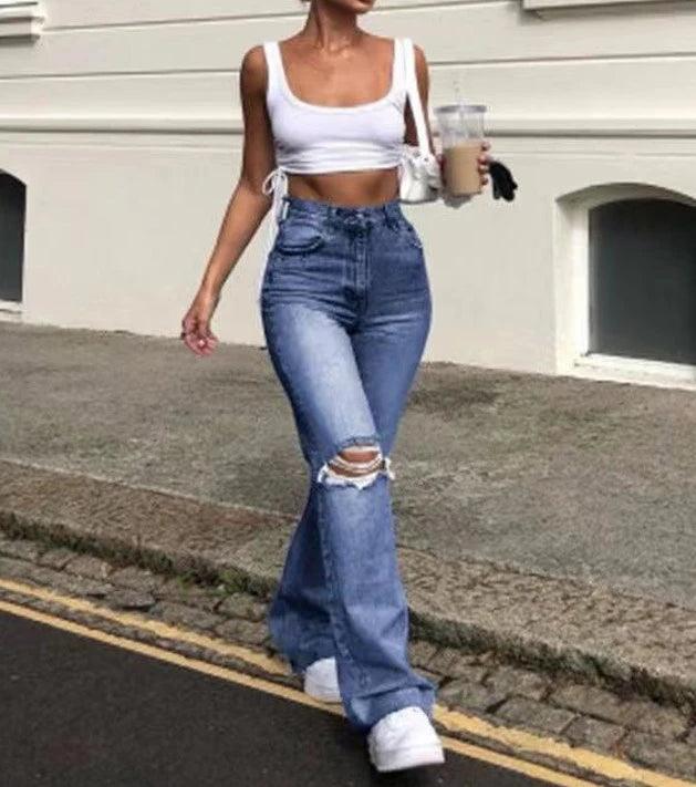 Women's Fashion Ripped High Waist Straight Flare Jeans Street Trendy Person Women Temperament Long Denim Pants-THAT FASHION STORE