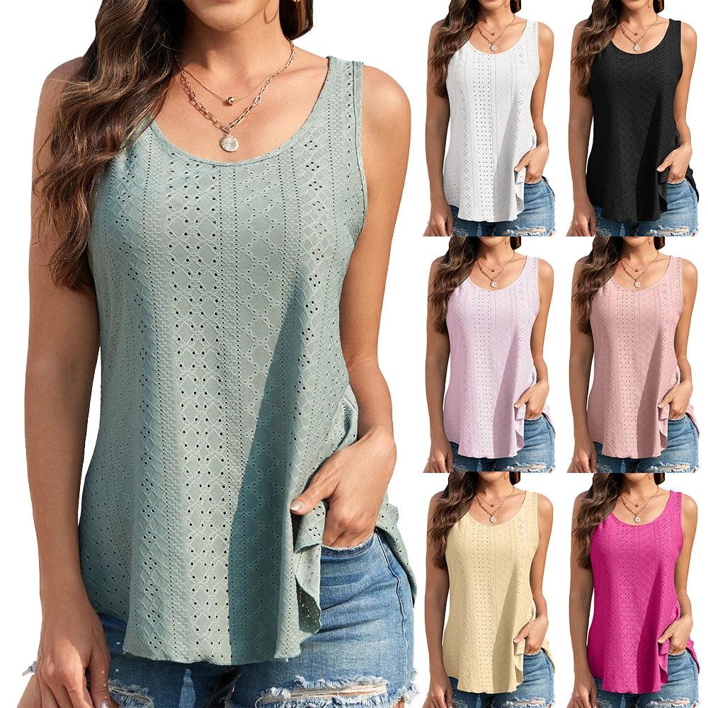 2024 Womens Tank Tops U Neck Casual Vest Dolphin Hem Casual Flowy Summer Sleeveless Tunic Tshirts-THAT FASHION STORE