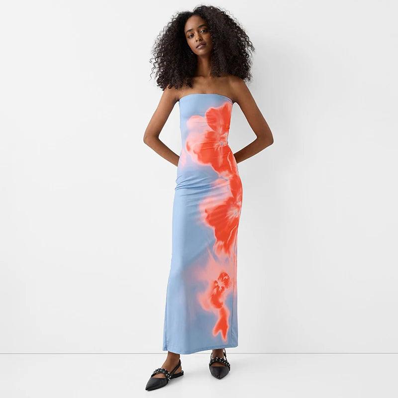 CUTENOVA Sexy Strapless Print Tube Maxi Dress Women Off Shoulder Backless Stretch Long Sundress 2024 Summer Beach Y2K Clothes-THAT FASHION STORE