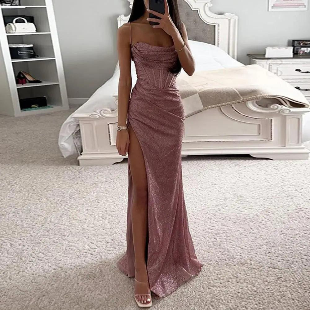 Women Evening Dress Spaghetti Strap Shiny Sequin Sleeveless Off Shoulder Dress Loose High Waist Floor Length Lady Prom Dress-THAT FASHION STORE