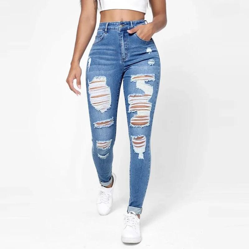 Ripped Holes Casual Skinny Jeans Autumn, Slash Pockets Distressed Single-Breasted Button Mid Waist Denim Pants-THAT FASHION STORE