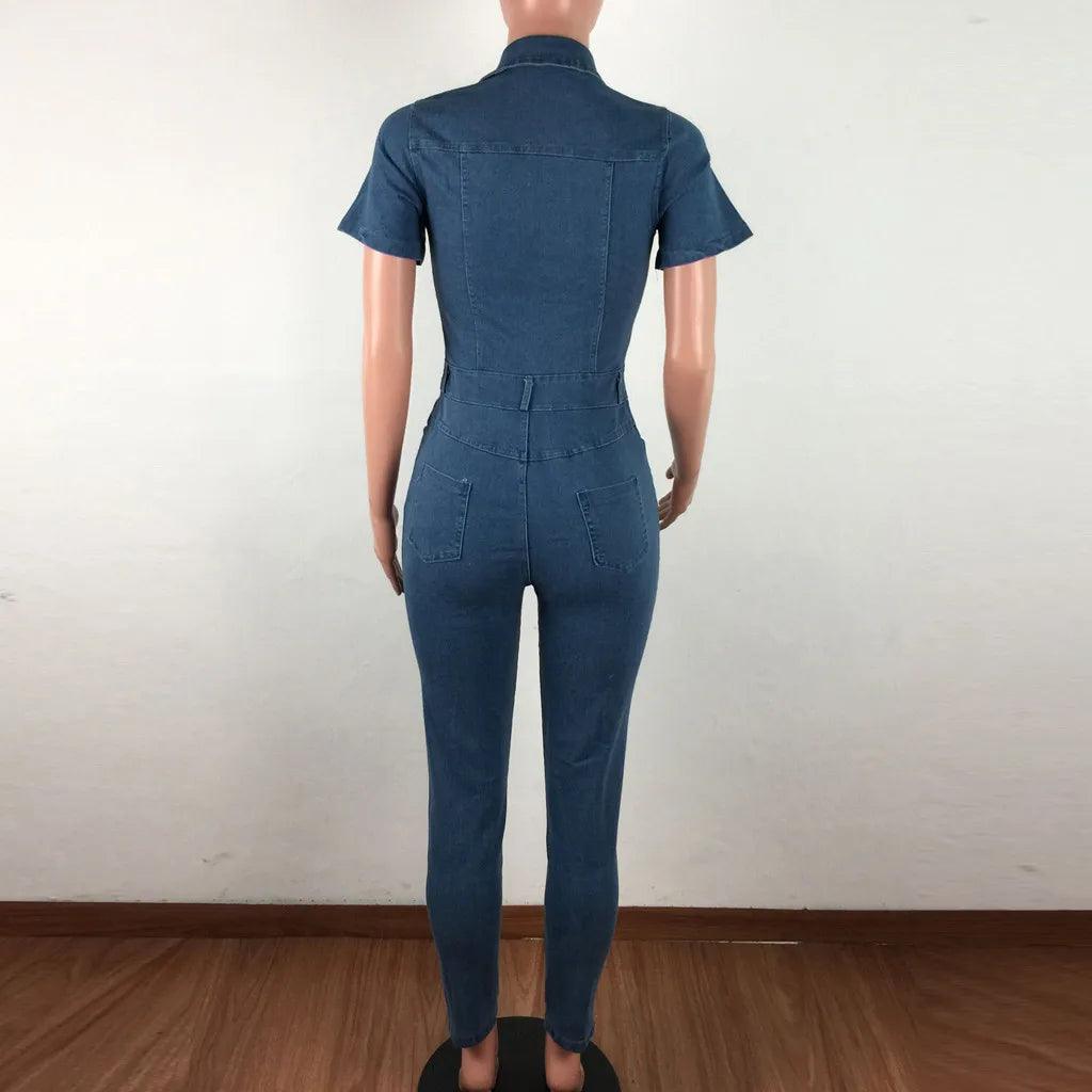 2023 Fashion Jeans Demin Jumpsuit Women Tight Fitting Short Sleeve Denim Romper Skinny Trouser Single Breasted Bodysuit Overalls-THAT FASHION STORE