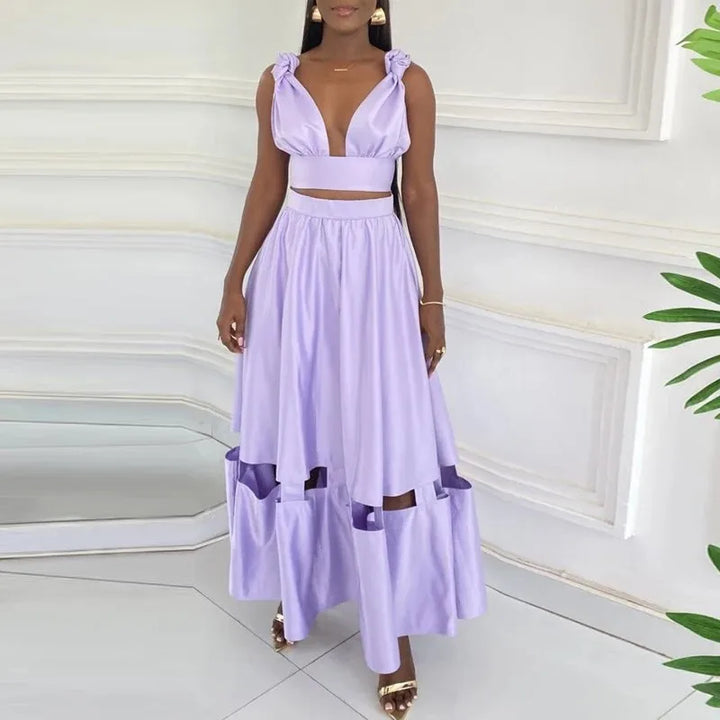 Chic Solid Color V-Neck Strap Top and Ankle-Length Skirt Set for Women - Stylish Hollow Pleated Summer Outfit - THAT FASHION STORE