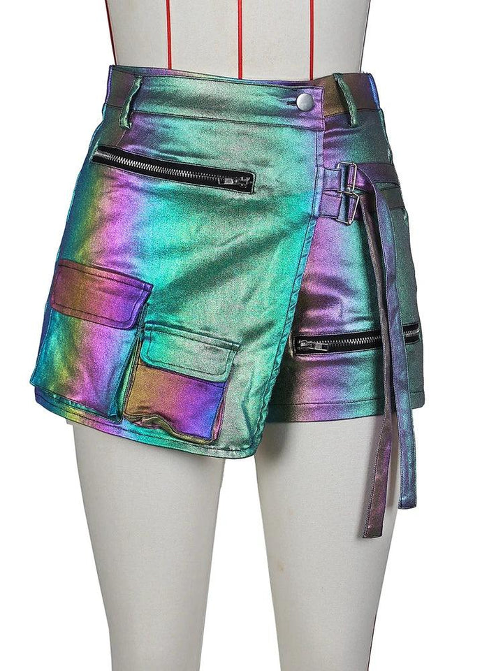 Kricesseen Trendy Half Wrap Faux Leather Shorts Fashion Pockets Details Zippers Metallic Shorts Festival Outfits Sexy Clubwear-THAT FASHION STORE