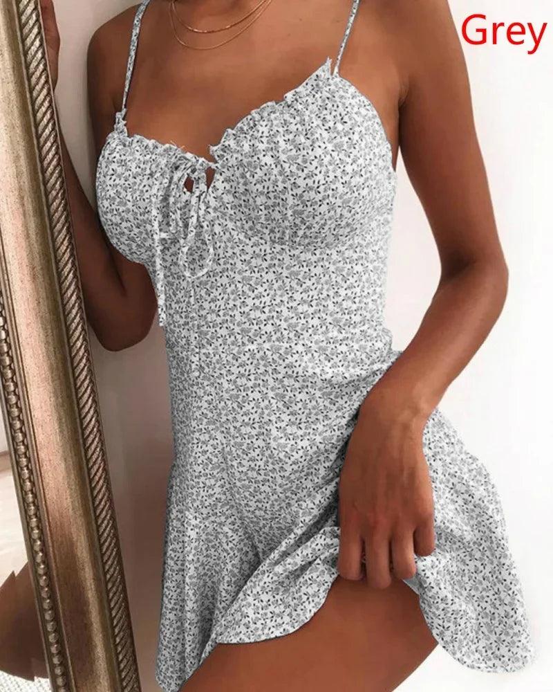 2023 Women Summer Spaghetti Strap Floral Print Tie Front Mini Dress Sexy Dress-THAT FASHION STORE