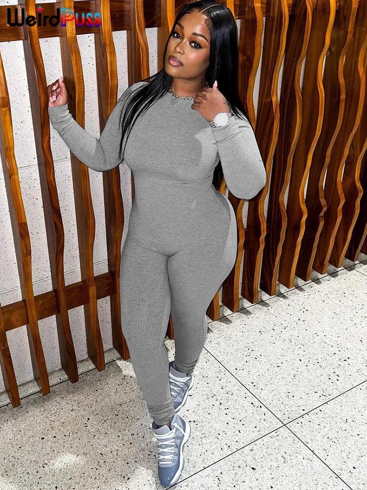 Weird Puss Solid Fitness Casual Jumpsuit Women Long Sleeve Stretch Skinny Activity Sporty Tight Simple Fall Streetwear Overalls-THAT FASHION STORE