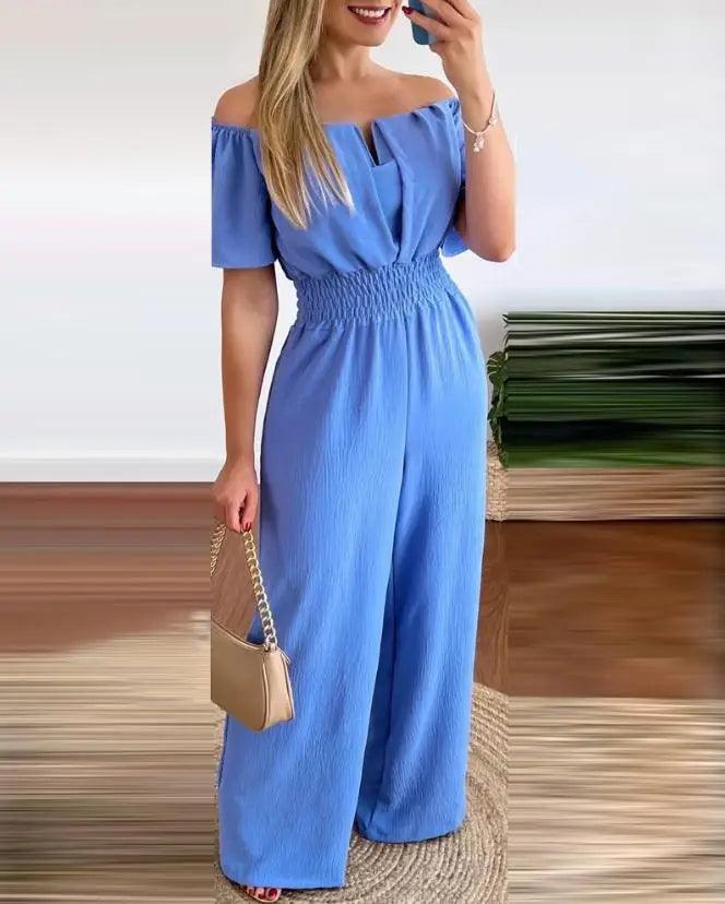 Jumpsuits for Women 2023 Spring Fashion Off Shoulder Casual Plain Short Sleeve Shirred Waist Daily Long Wide Leg Jumpsuit 2024-THAT FASHION STORE