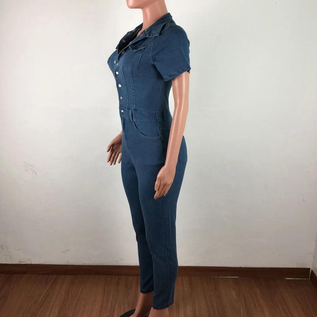 2023 Fashion Jeans Demin Jumpsuit Women Tight Fitting Short Sleeve Denim Romper Skinny Trouser Single Breasted Bodysuit Overalls-THAT FASHION STORE