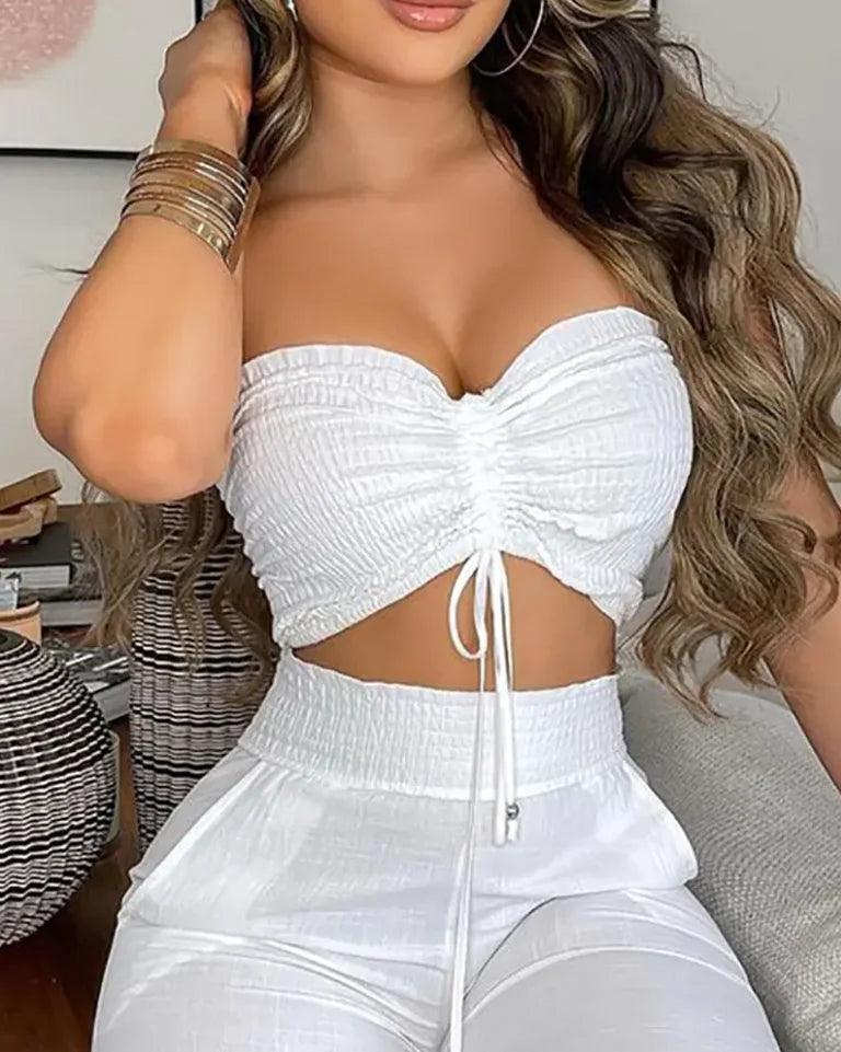 Two Piece Set Women Outfit Fashion Drawstring Bandeau Top & Shirred High Waist Pants Sets 2024 Summer New Casual Women's Suits-THAT FASHION STORE