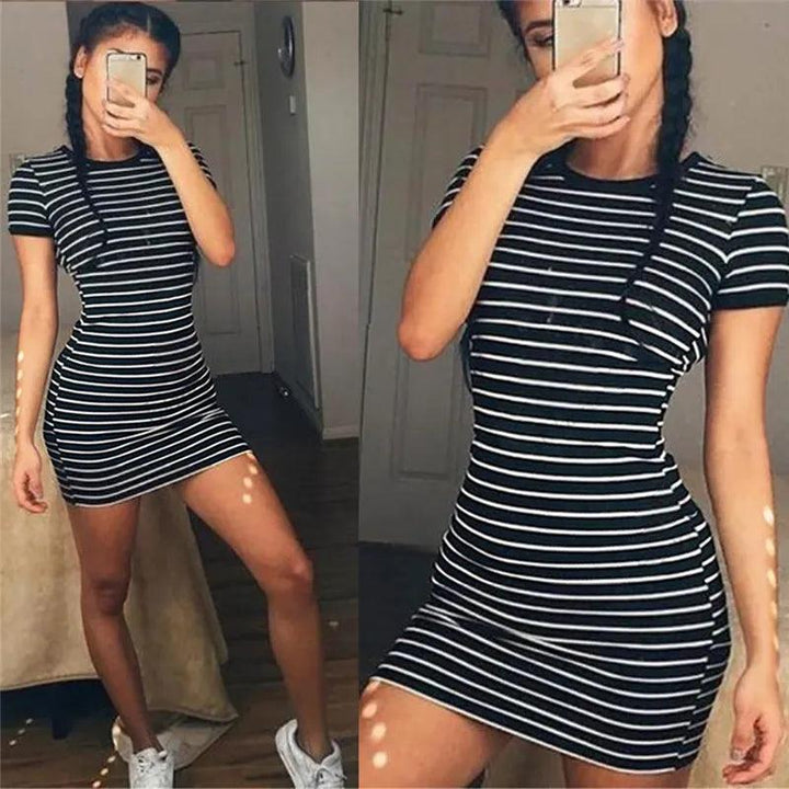 Summer Round Neck Enough Stock Short-sleeved Dress Black And White Striped Dresses Casual Elegant Sheath Slim Dress-THAT FASHION STORE