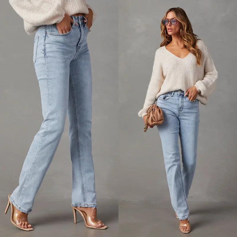 Women Blue Straight Denim Pants 2023 New Female All-Match High Waist Vintage Zipper Jeans with Pockets-THAT FASHION STORE