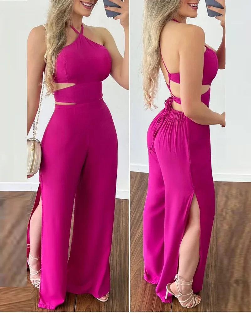 Criss Cross Backless Split Hem Halter Jumpsuit Women Summer Lace Up Wide Leg Pants Slit Solid Camisole Sleeveless-THAT FASHION STORE