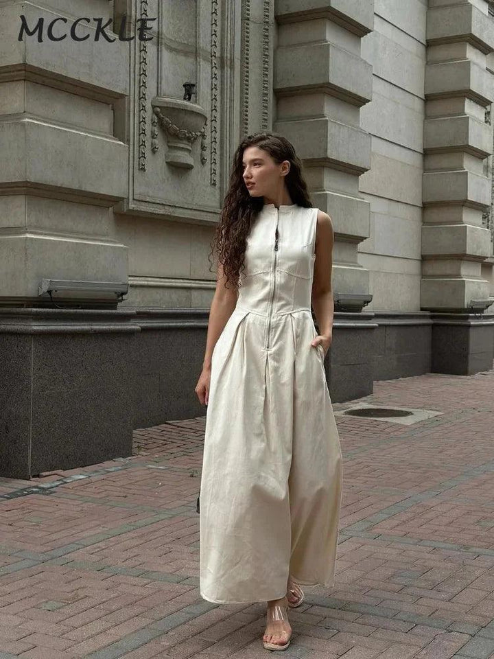 Elegant Zipper Slim Pleated Maxi Dress Women Fashion Solid V-neck Sleeveless Dresses 2024 Summer New Office Lady Commuting Robe-THAT FASHION STORE