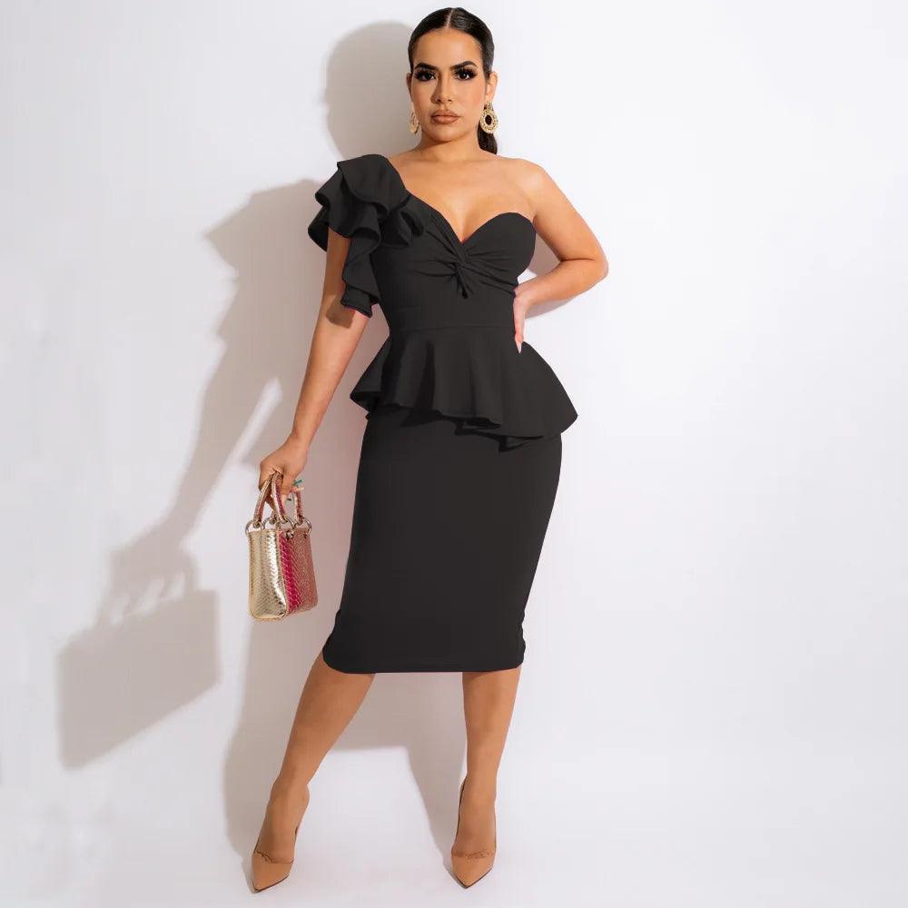 Sexy One Shoulder Design Bodycon Dresses Women Elegant Ruffle Short Sleeve Peplum Slim Slit Dress Fashion Party Office Vestidos-THAT FASHION STORE