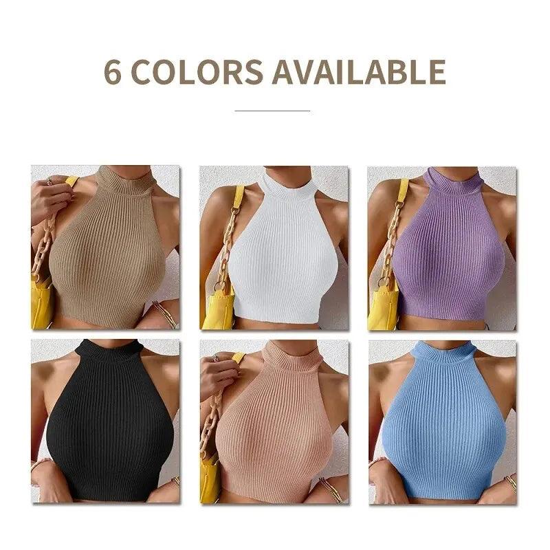 Knit Sleeveless Halter Tops for Women Basics Solid Slim Fitted Crop Womens Turtleneck Ribbed Vest Y2K High Neck Tank Tops-THAT FASHION STORE