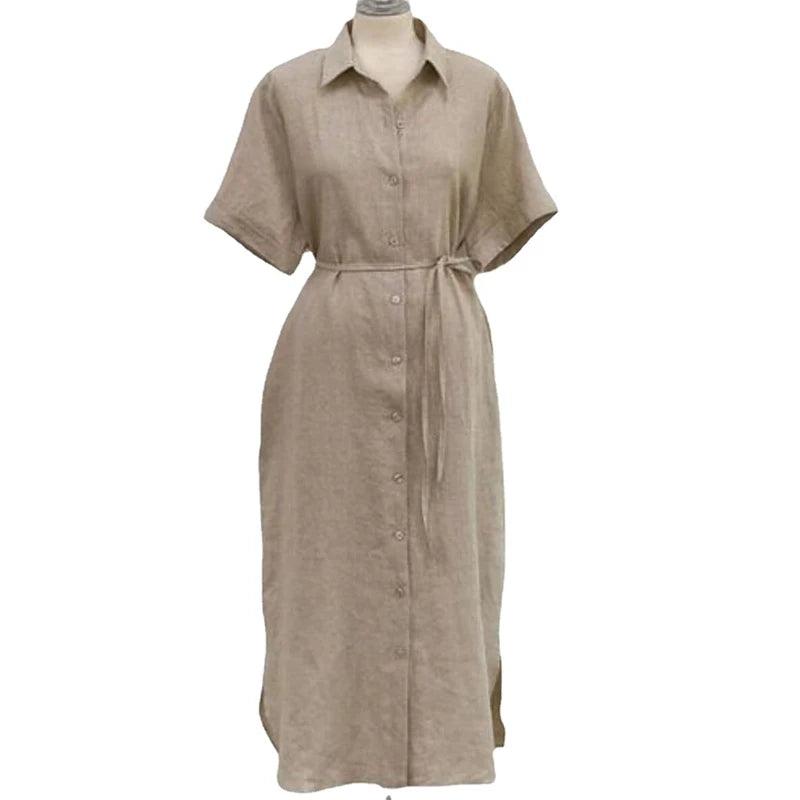 Summer Cotton and Linen Long Dress Fashion New Polo Neck Single Breasted Shirt Dress Casual Simplicity Loose Lace-up Vestidos-THAT FASHION STORE