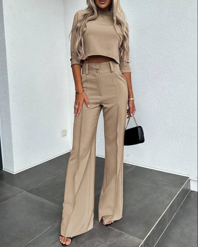 Spring New Crop Top With Flare Pants Two Piece Set Women Fashion Solid Turtleneck T Shirt Suit Office Casual White Pant Set Lady-THAT FASHION STORE