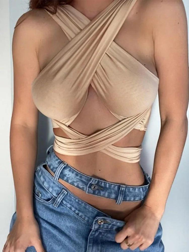 Women Strappy Cross Over Front Cut Out Halter Neck Sleeveless Backless Wrap Crop Top Bandage Vest Summer Sexy Tops Woman Clothes-THAT FASHION STORE