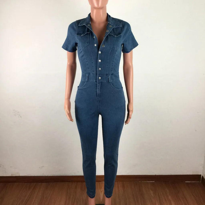 2023 Fashion Jeans Demin Jumpsuit Women Tight Fitting Short Sleeve Denim Romper Skinny Trouser Single Breasted Bodysuit Overalls-THAT FASHION STORE