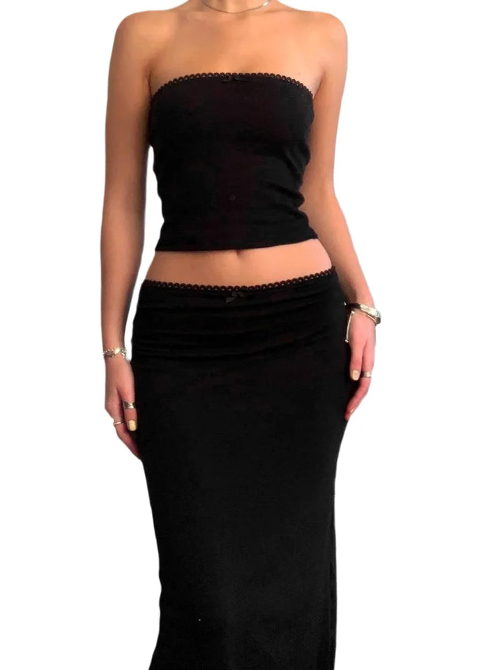 Y2K Inspired Women's Two-Piece Maxi Skirt Set with Crop Tube Top and Low Rise Bodycon Skirt for Night Out - THAT FASHION STORE