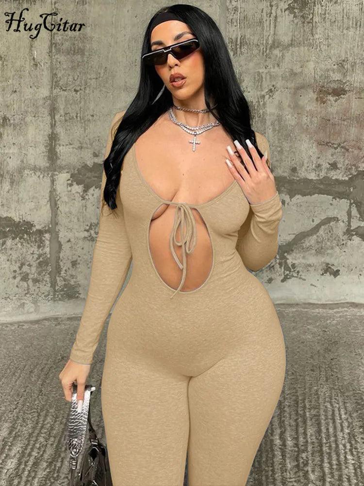 Hugcitar Fall Solid V Neck Long Sleeve Hollow Out Lace Up Sexy Bodycon Jumpsuit Women Fashion Streetwear Sport Romper Overalls-THAT FASHION STORE