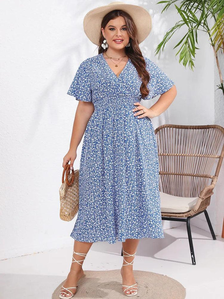 GIBSIE Plus Size Ditsy Floral V-Neck Boho Long Dress Women Summer Short Sleeve High Elastic Waist Holiday A-Line Dresses 2023-THAT FASHION STORE