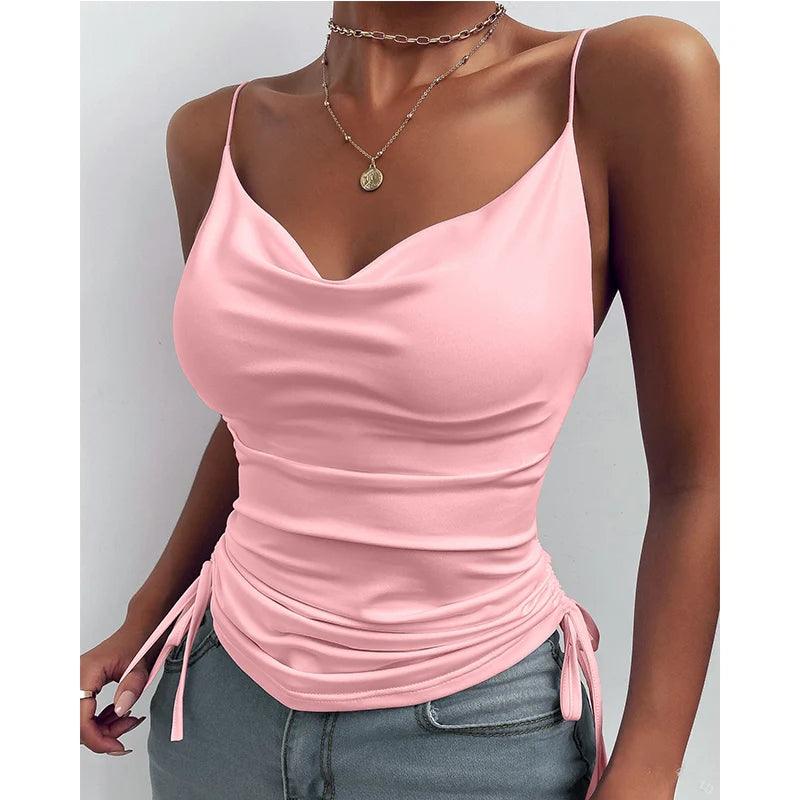 Women Tank Top V Neck Camisole Cami Drawstring Spaghetti Strap Top Loose Sleeveless Blouses Tank Shirt Summer Crop Top-THAT FASHION STORE