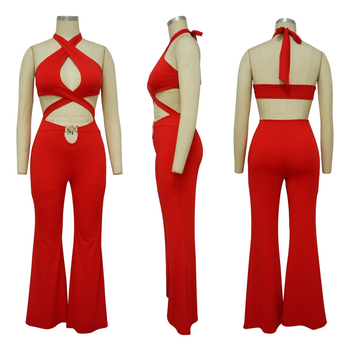 Jumpsuit Women 2024 Summer Fashion Solid Color Halter Cutout Waist Casual High Waist Sleeveless Daily Wide Leg Long Jumpsuit - THAT FASHION STORE