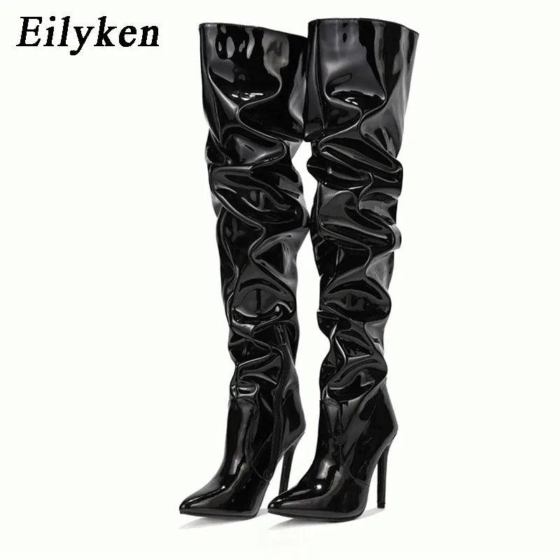 Eilyken Red Women Over The Knee Boots High Heels Patent Leather Solid Pointed Toe Stiletto Side Zipper Sapatos Femininos-THAT FASHION STORE