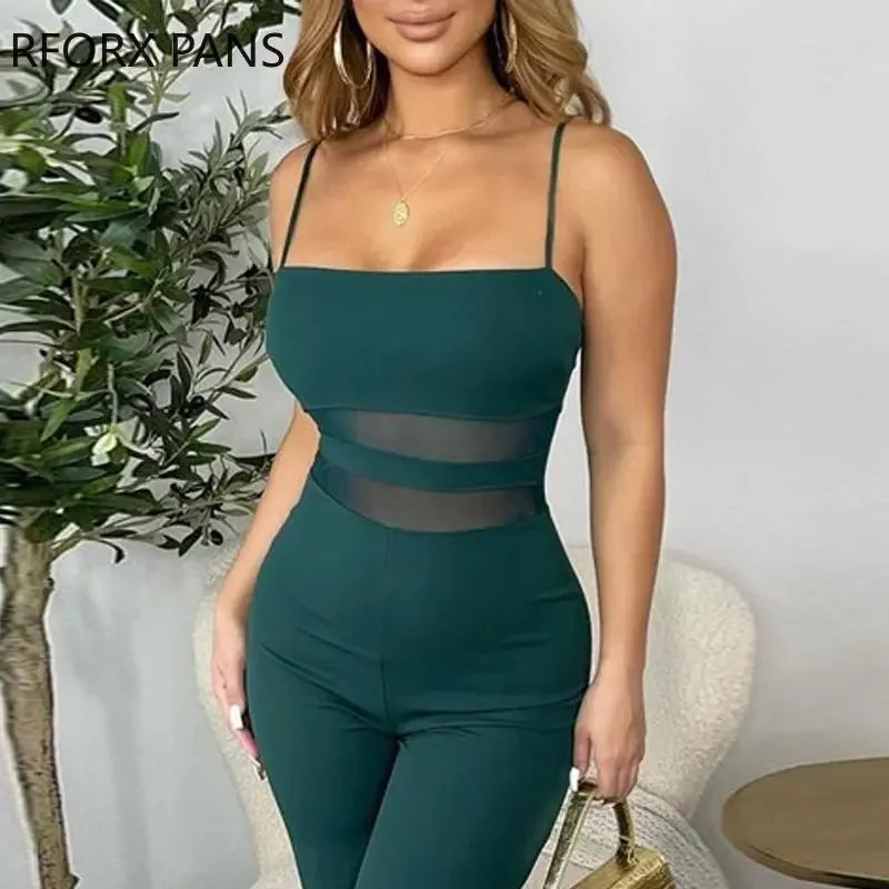 Women Elegant Solid Spaghetti Straps Sleeveless Contrast Mesh Patch Sexy Straight Leg Jumpsuits - THAT FASHION STORE