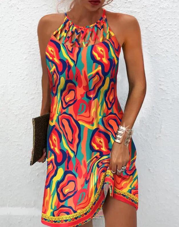 Fashion Women's Straight Dress 2023 Summer Vacation New Multicolor Abstract Print Hollow Casual Mini Sleeveless Dress Female-THAT FASHION STORE