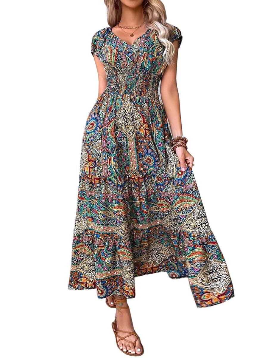 CYDNEE New Boho Paisley Print Dress Women Elegant V Neck Short Sleeve Summer Large Hem Long Dress Vintage Beach Party Maxi Dress-THAT FASHION STORE