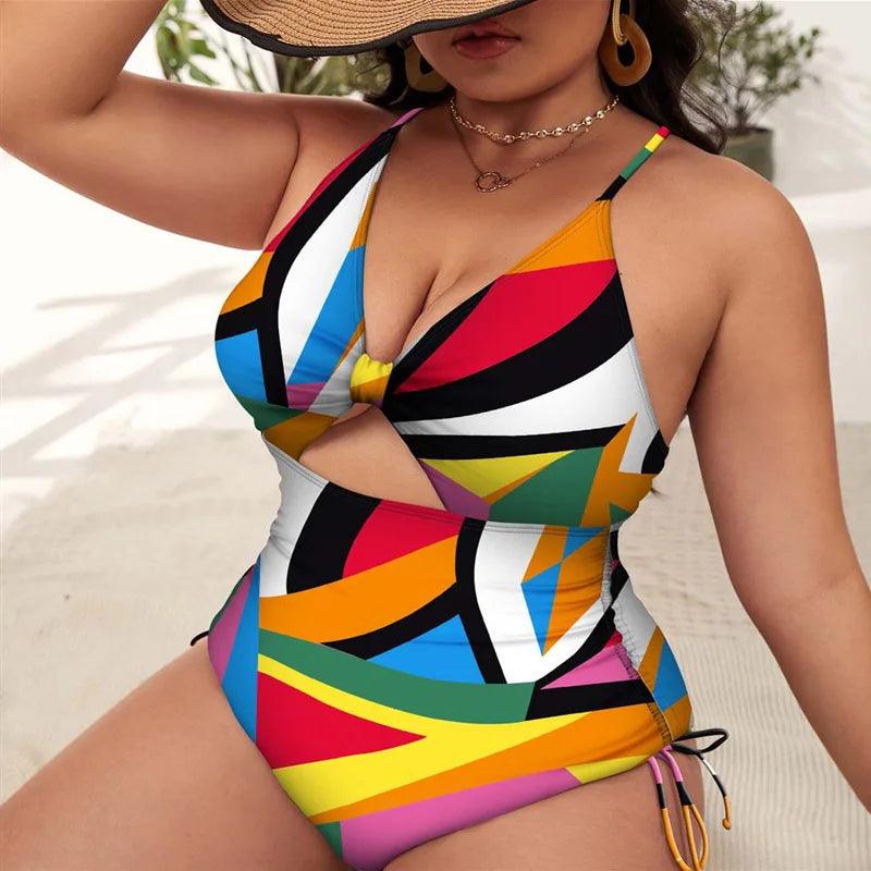 2024 New High Waisted Swiming Suits Plus Size Floral Print Cutout Drawstring Monokini One Piece Swimsuit Women-THAT FASHION STORE