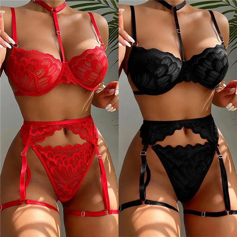 Women'S Sexy Lace Lingerie Set Teddy Lace Erotic Bikini 3pcs Bra And Panty Garters Sets See Through Babydoll Lingerie For Women-THAT FASHION STORE