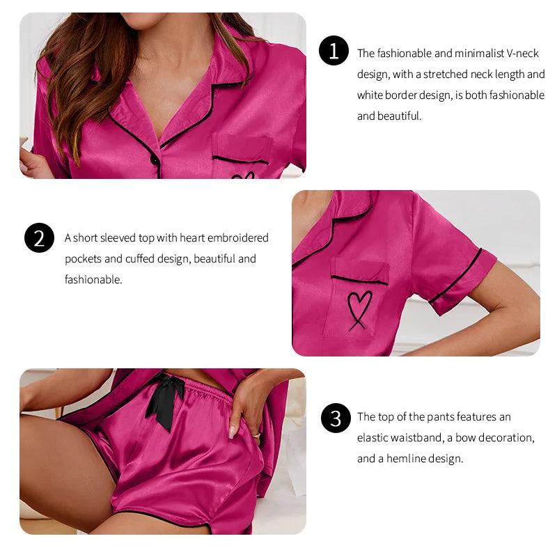 Women's Pajamas Lounge Set Heart Embroidered Pocket Patched Sleepwear Button Down Short Sleeve Top & Shorts Pyjama Home Clothing-THAT FASHION STORE