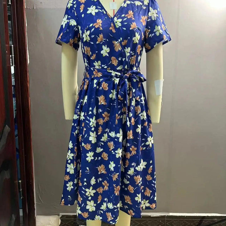 Summer new women's V-neck short sleeve printed waist dress women-THAT FASHION STORE