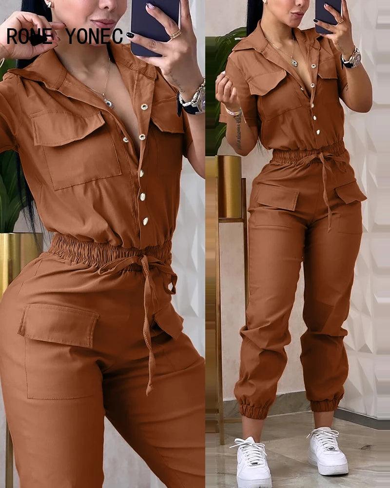 2024 Women Solid Turn Down Collar Elastic Waist Drawstring Hidden Button Multi Pockets Short Sleeves Working Jumpsuit-THAT FASHION STORE