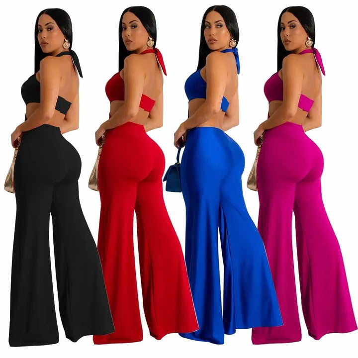 Jumpsuit Women 2024 Summer Fashion Solid Color Halter Cutout Waist Casual High Waist Sleeveless Daily Wide Leg Long Jumpsuit - THAT FASHION STORE