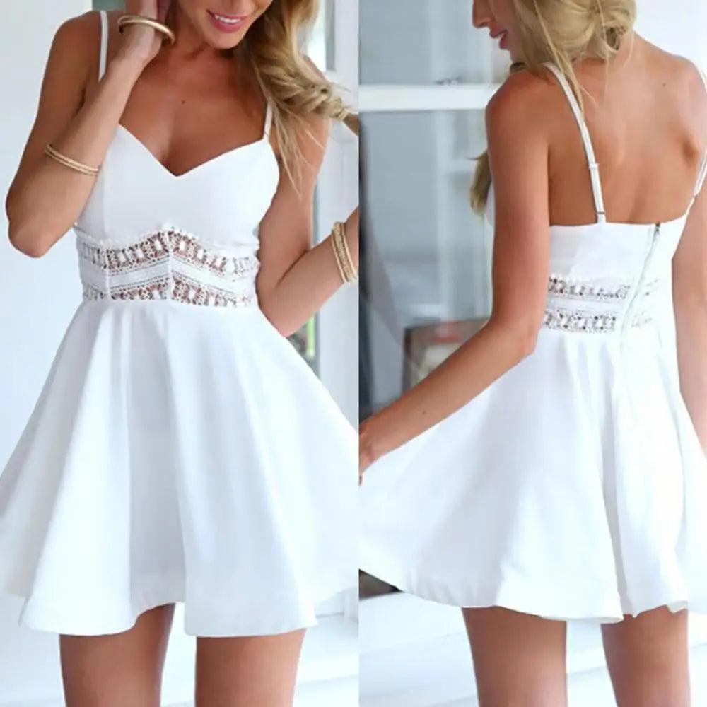 Women Summer Dress Solid Color Crochet Spaghetti Strap V-Neck Backless Tied Braces Short Dress for Girls White-THAT FASHION STORE