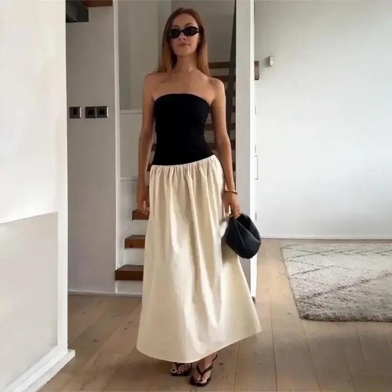 Elegant Patchwork Contrast Tube Dress Women Sexy Off Shoulder Sleeveless Backless Pleated Dresses 2024 Summer Female Vestidos-THAT FASHION STORE