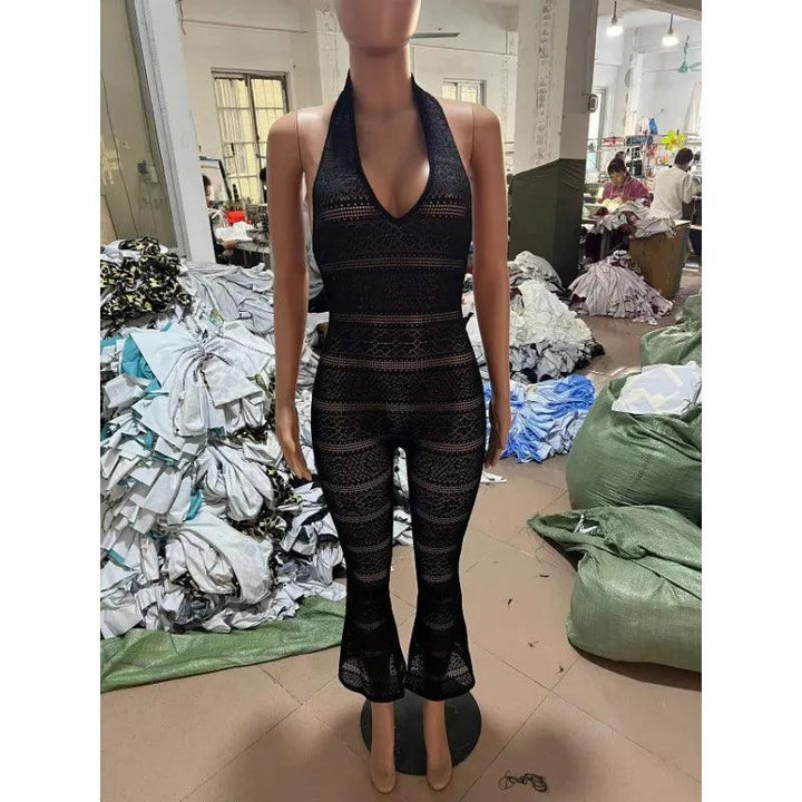 Knitted Hollow Halter Jumpsuit Women 2024 Summer Sexy V-neck Halter Sleeveless Backless Stretch Rompers Party Club Overalls-THAT FASHION STORE