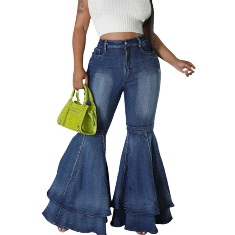 Fashion Splicing Layers Flared Jeans Women High Waist Comfortable Commuter Denim Pants Female Casual Stretch Wide Leg Trousers-THAT FASHION STORE