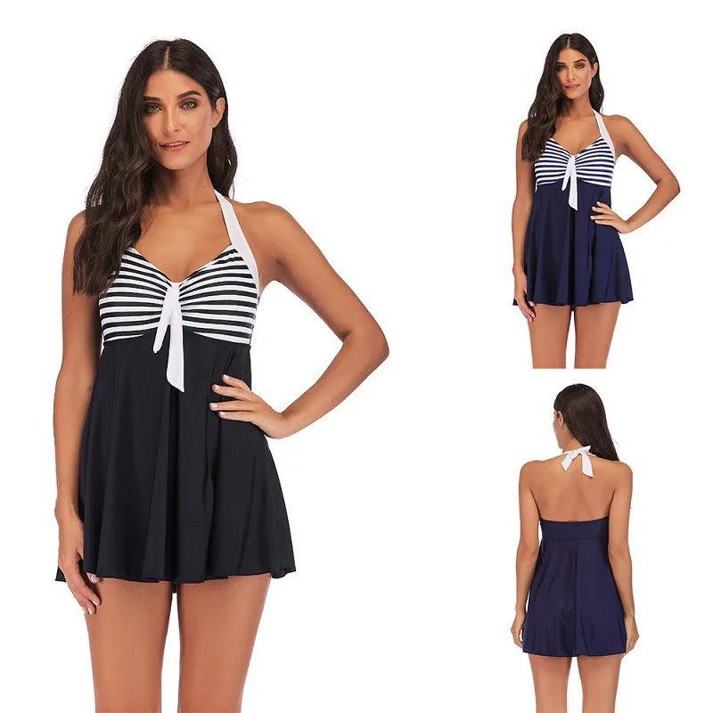 Plus Size Vintage Bathing Suit Two Piece Swim Wear with Dress Halter Tankini Swimsuits Women Striped Push-up Beachwear Shorts-THAT FASHION STORE