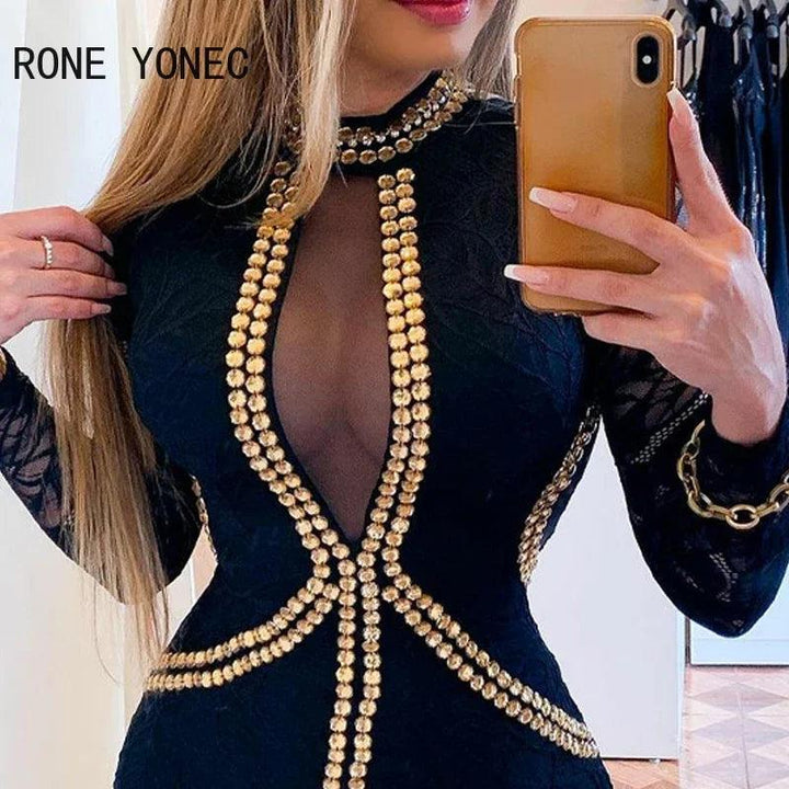 Women Sexy Patchwork Rhinestone Long Lace Sleeves Mesh Bodycon Mini Sexy Party Dresses-THAT FASHION STORE