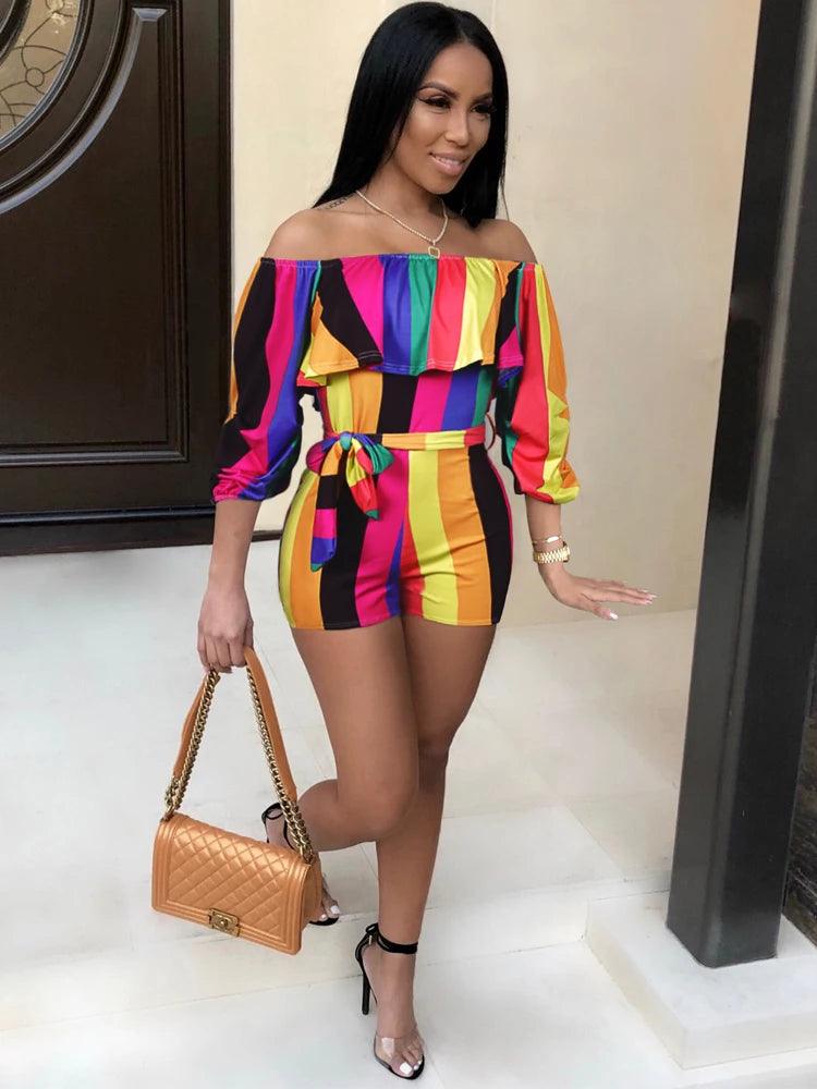 2024 Women's Pleated Off Shoulder Jumpsuit Sexy Backless Slim Fit Bohemian Beach Casual Commuting Print Layered Cuffs Y2k Shorts-THAT FASHION STORE