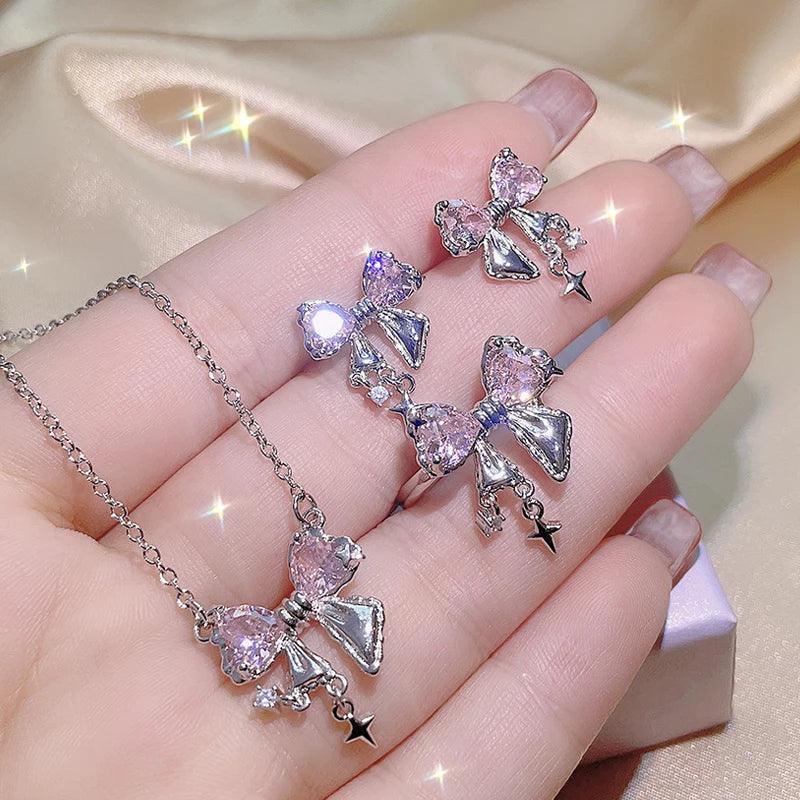 Crystal Angel Wings Heart Pendant Necklaces Set Ladies Girl Simple Y2K Pink White Zircon Love Elegant Necklace Women Jewelry Set-THAT FASHION STORE