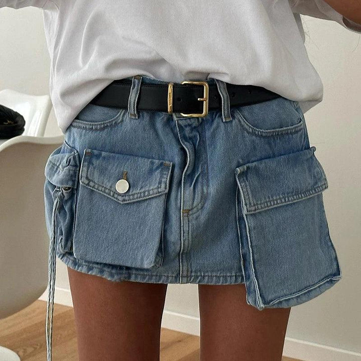 BIIKPIIK Women Asymmetrical Pockets Denim Skirts Sexy Fashion High Waist Skirts Female Clubwear Concise Y2K All-match Outfits-THAT FASHION STORE